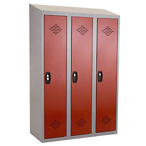 Vestiaires monobloc Confort Industrie salissante 3 cases, toit incliné, gris / rouge Vestiaires monobloc Confort Industrie salissante 3 cases, toit incliné, gris / rouge