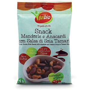 VIVIBIO Snack Mandorle e Anacardi con Salsa di Soia Tamari Bio, Senza glutine, 45 g