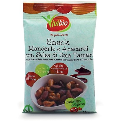 VIVIBIO Snack Mandorle e Anacardi con Salsa di Soia Tamari Bio, Senza glutine, 45 g