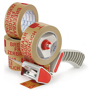 Voordeelpak papieren tape met voorbedrukte boodschap + dispenser Raja
