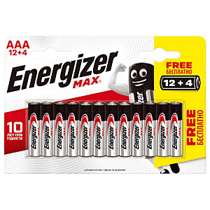 Voordelige packs van alkaline batterijen Energizer Max LR03-type AAA 12 + 4 GRATIS Voordelige packs van alkaline batterijen Energizer Max LR03-type AAA 12 + 4 GRATIS