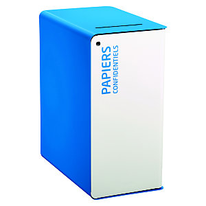 Vuilnisbak voor afvalsortering 90l met slot - zakhouder - cubatri - wit / blauw 5015 - 'papiers confidentiels' vertrouwelijke papieren - beveiligde sleuf met deflector + plat sleutelslot