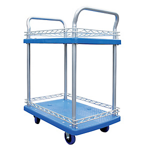 Wagentje 2 polypropyleen bladen, maximale lading 150 kg, afmetingen L. 72 cm, B. 48,5 cm, H. 95 cm. Wagentje 2 polypropyleen bladen, maximale lading 150 kg, afmetingen L. 72 cm, B. 48,5 cm, H. 95 cm.