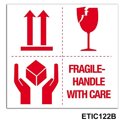 Warnetiketten mit 3 Symbolen und Text "Fragile - Handle with care" - 1