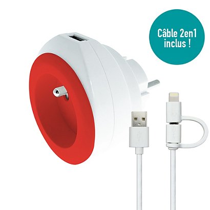 Watt & Co Chargeur universel mural USB pour smartphone et tablette avec câble 3 en 1 rétractable - Rouge - 1