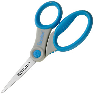 Westcott Microban Soft Grip Tijeras de oficina, acero inox de punta aguda, mango asimétrico, 15,5 cm, azul y gris Westcott Microban Soft Grip Tijeras de oficina, acero inox de punta aguda, mango asimétrico, 15,5 cm, azul y gris