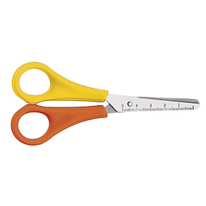 Westcott Tijera infantil, acero inox de punta redonda con regla, mango simétrico, para zurdos, 13 cm, naranja y amarillo Westcott Tijera infantil, acero inox de punta redonda con regla, mango simétrico, para zurdos, 13 cm, naranja y amarillo