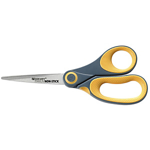 Westcott Titanium Non Stick Tijeras de oficina, titanio antiadherente de punta aguda, mango asimétrico de agarre suave, 21 cm, gris y amarillo Westcott Titanium Non Stick Tijeras de oficina, titanio antiadherente de punta aguda, mango asimétrico de agarre suave, 21 cm, gris y amarillo