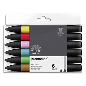 WINSOR & NEWTON Set 6 marqueurs double pointe PROMARKER. A base d'alcool. Tons moyens assortis