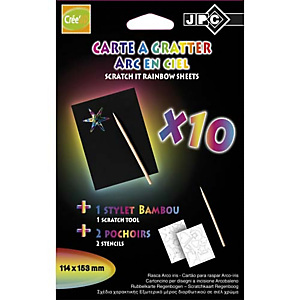 WONDAY Paquet de 10 cartes à gratter arc en ciel format 10 x 15 cm avec 2 pochoirs et stylet bambou WONDAY Paquet de 10 cartes à gratter arc en ciel format 10 x 15 cm avec 2 pochoirs et stylet bambou