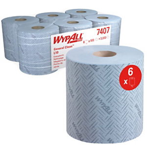 Wypall L10 Papier d'essuyage simple épaisseur 500 feuilles 185 mm - 7407 - Bleu - Lot de 6 bobines de 190 m Wypall L10 Papier d'essuyage simple épaisseur 500 feuilles 185 mm - 7407 - Bleu - Lot de 6 bobines de 190 m