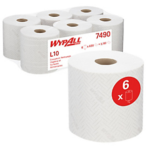 Wypall L10 Papier d'essuyage simple épaisseur 630 feuilles 185 mm - 7490 - Blanc - Lot de 6 bobines de 239 m Wypall L10 Papier d'essuyage simple épaisseur 630 feuilles 185 mm - 7490 - Blanc - Lot de 6 bobines de 239 m