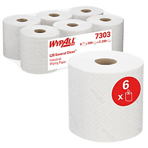 WYPALL® L20 7303 Panno in carta in rotolo ad estrazione centrale, 2 veli, 380 strappi, Bianco (confezione 6 pezzi) WYPALL® L20 7303 Panno in carta in rotolo ad estrazione centrale, 2 veli, 380 strappi, Bianco (confezione 6 pezzi)