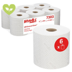 WYPALL® L20 7303 Panno in carta in rotolo ad estrazione centrale, 2 veli, 380 strappi, Bianco (confezione 6 pezzi) WYPALL® L20 7303 Panno in carta in rotolo ad estrazione centrale, 2 veli, 380 strappi, Bianco (confezione 6 pezzi)